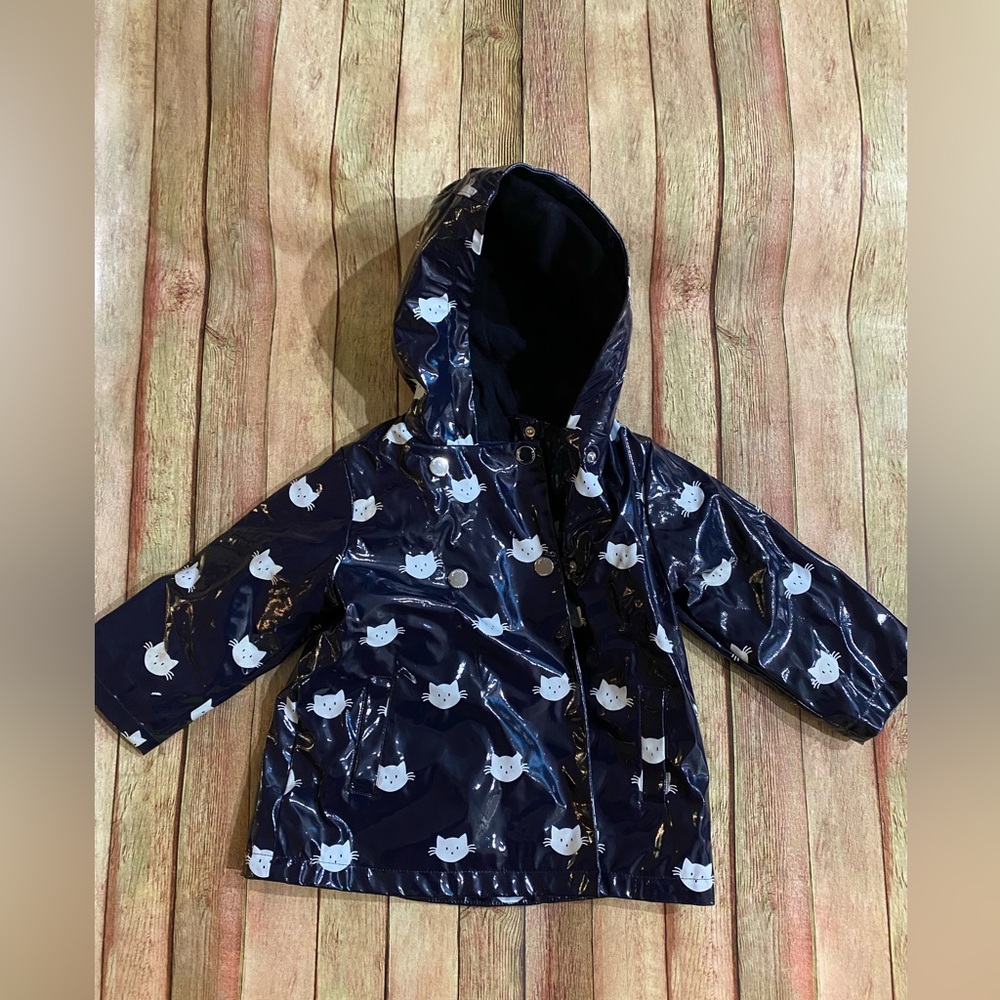 Jacadi Dark Blue Cat Pattern Fleece Lined Raincoat size 96cm (3T/4T)